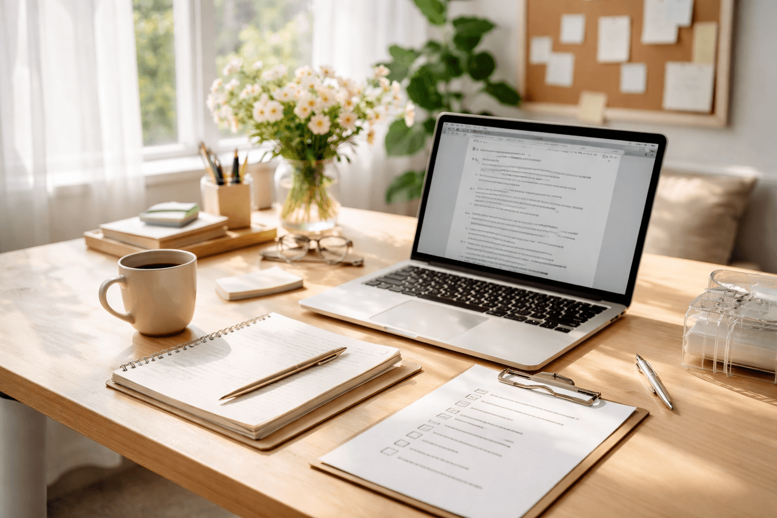Freelancer reviewing notes at a home studio on a laptop and notepad