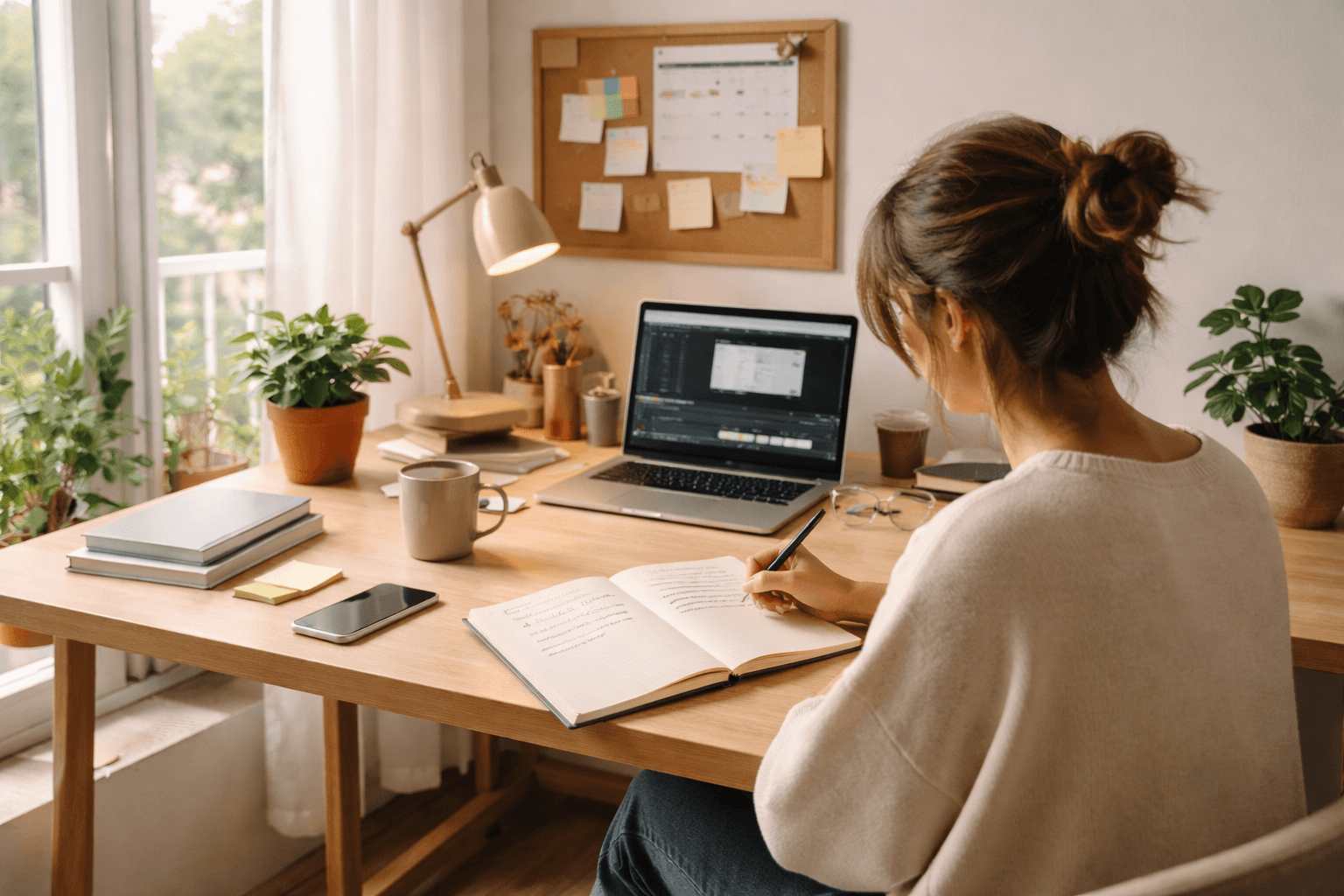 A freelance professional practicing an intro script at a tidy home desk in the morning light