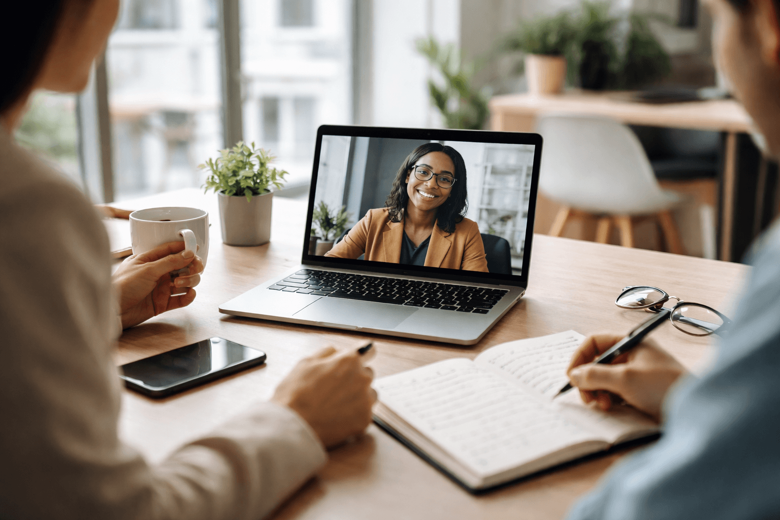 Co-working space scene during a client call, laptop on table with notes, both people in frame discussing calmly