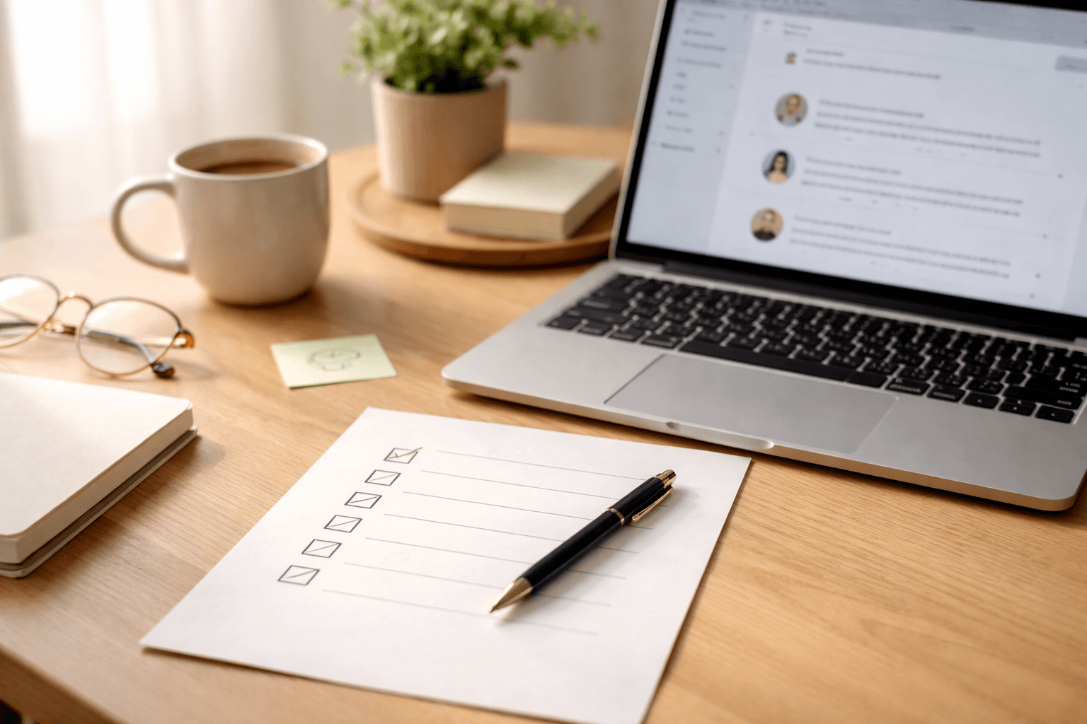 Freelancer reviewing testimonial notes on a laptop with a checklist beside them on a bright desk