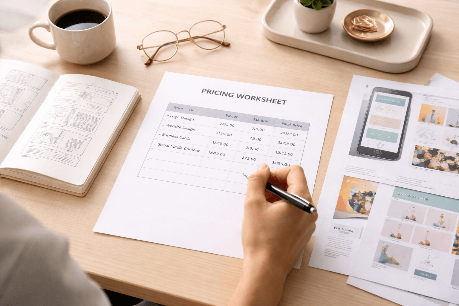 Co-working space desk with laptop, pricing spreadsheet, and sketches on paper, bright daylight