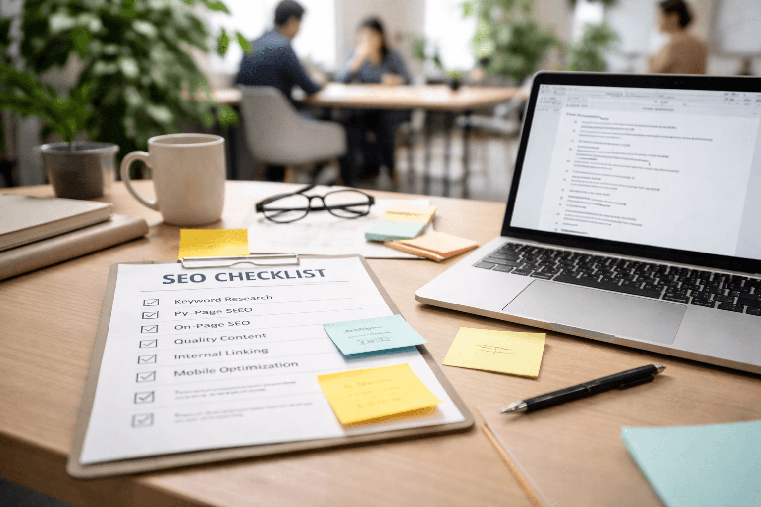 A co-working desk with a printed SEO checklist, sticky notes, and a laptop open to a document outline, midday lighting