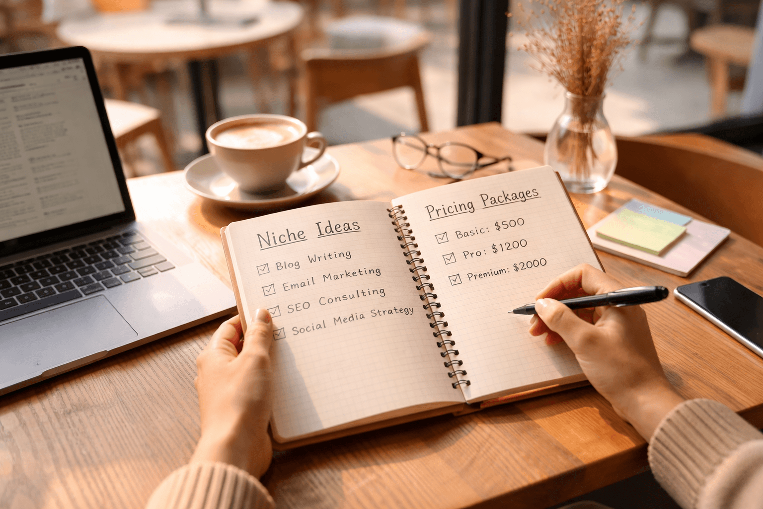 Coffee shop freelancer reviewing a pricing sheet and candidate niche notes on a notebook