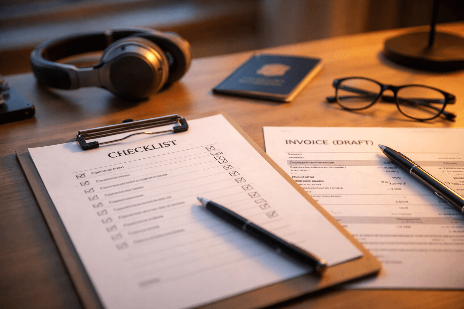 Desk close-up with a checklist, invoice draft, and a calendar next to a passport and headphones