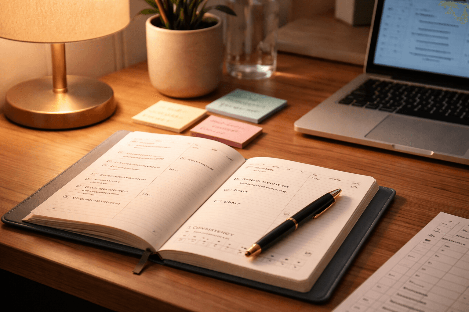 Close-up of a planner, pen, and sticky notes beside a laptop, with a warm desk lamp glow suggesting planning and consistent follow-through