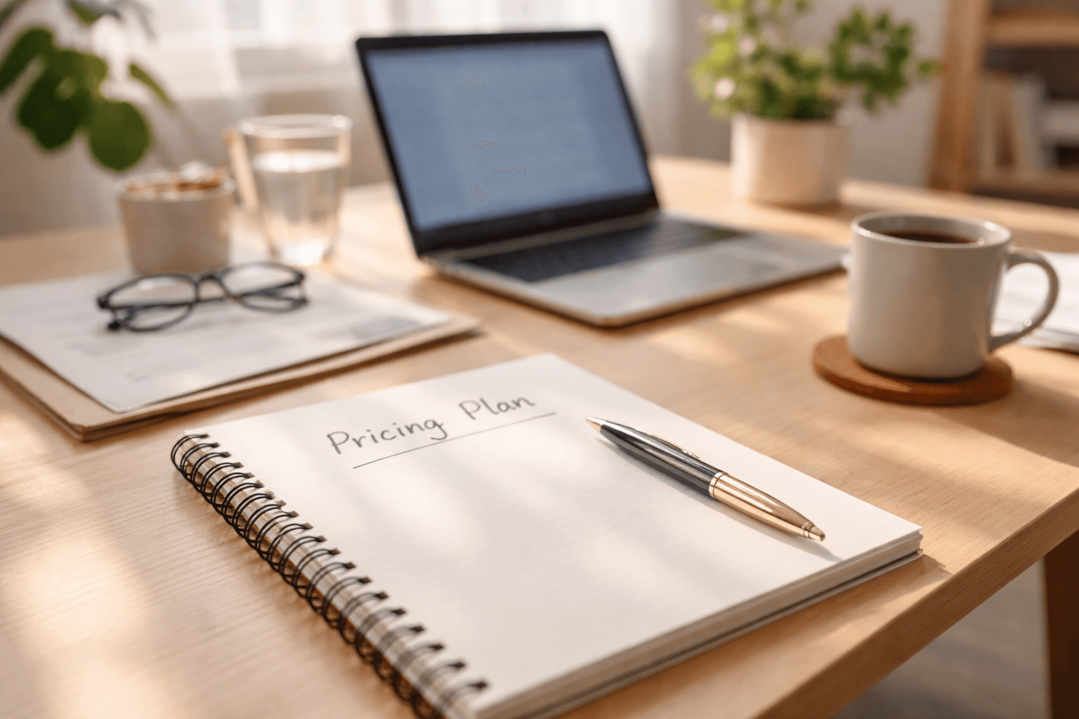 freelancer pricing planning on a desk with notes and laptop