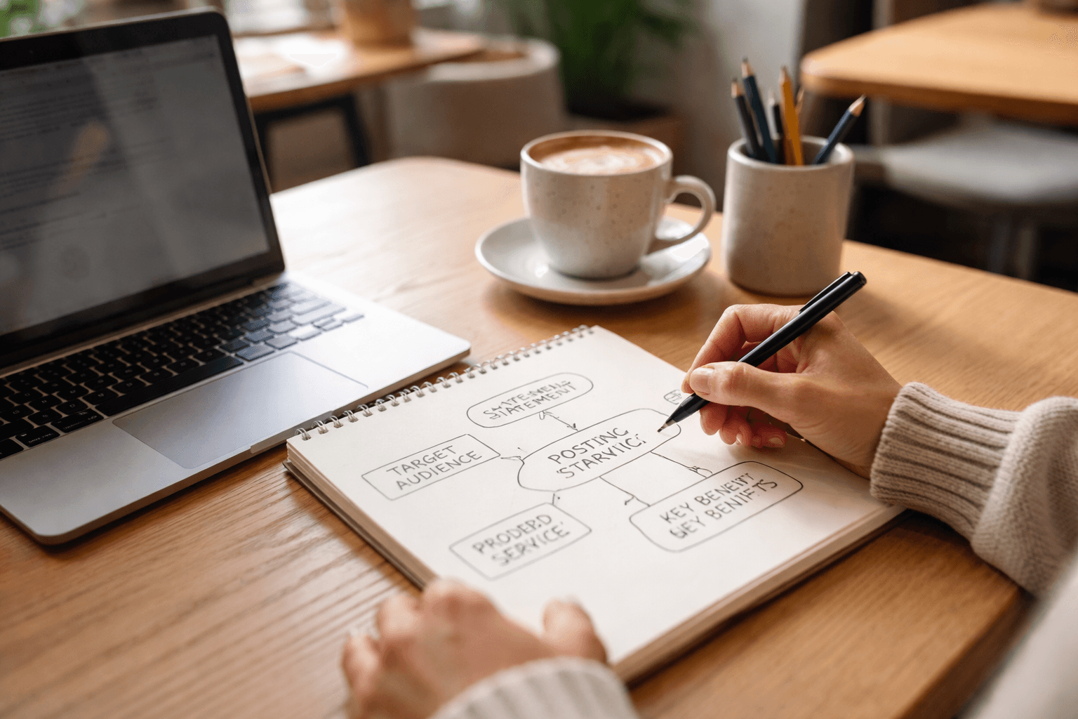 Freelancer sketching positioning ideas on a notepad with a laptop nearby