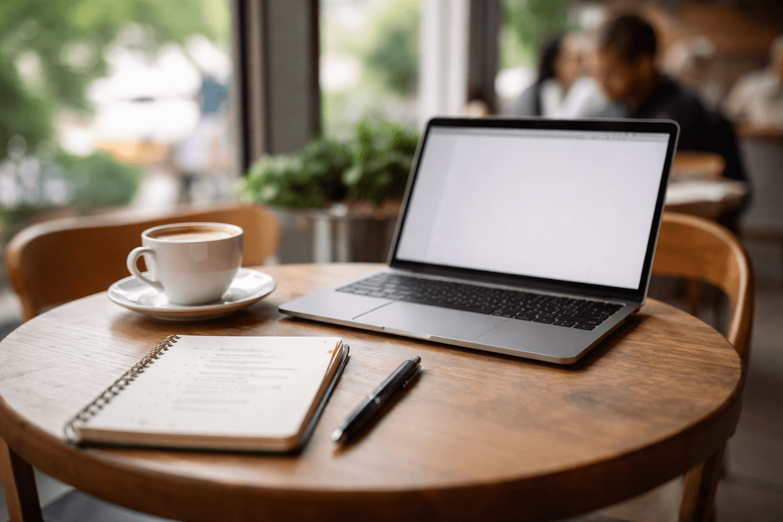 Coffee shop laptop scene with notes and pen beside
