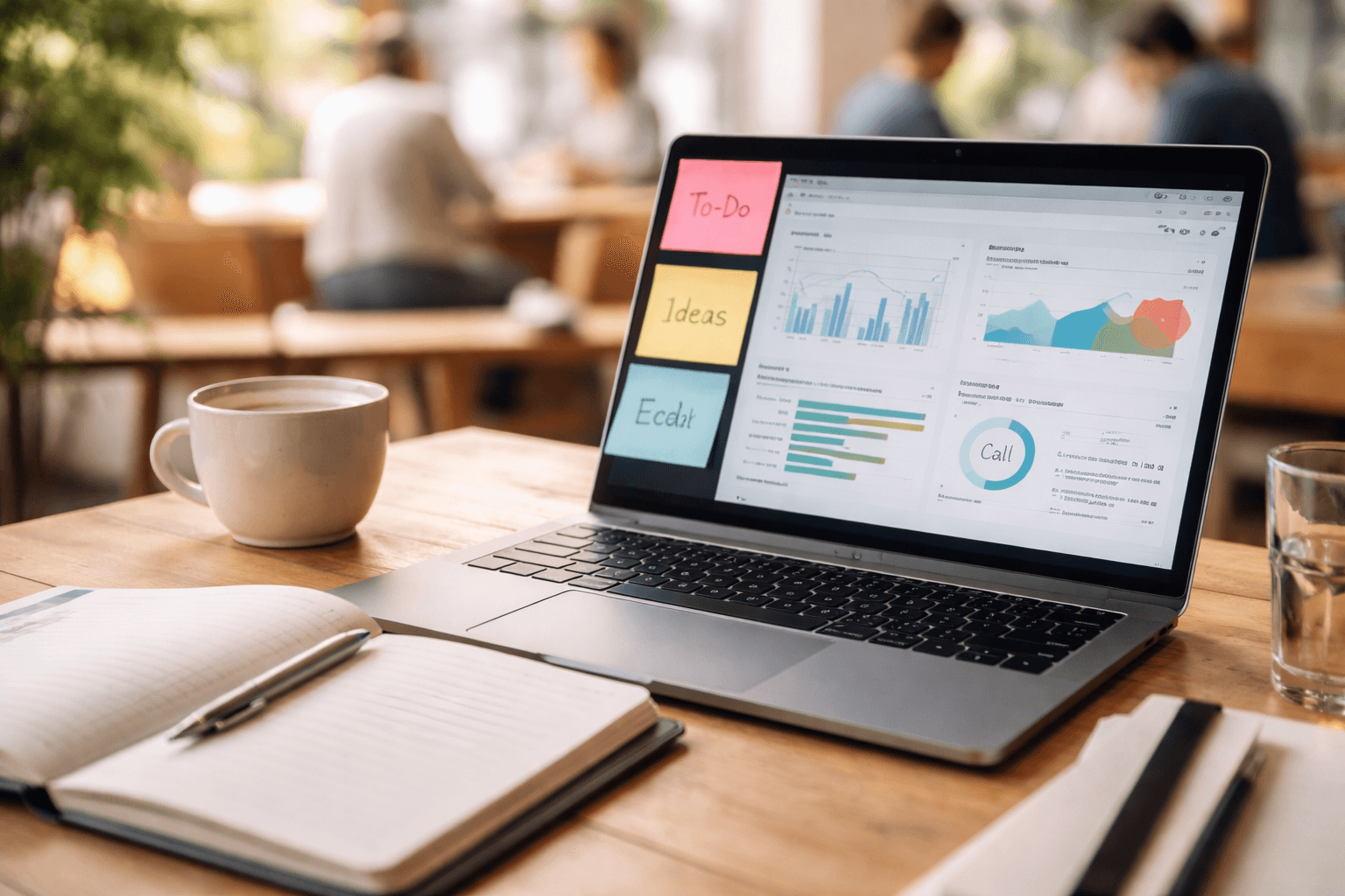 Close-up photo of a laptop and notebook with a simple consulting case study outline and sticky notes, bright cafe daylight, focused editorial style