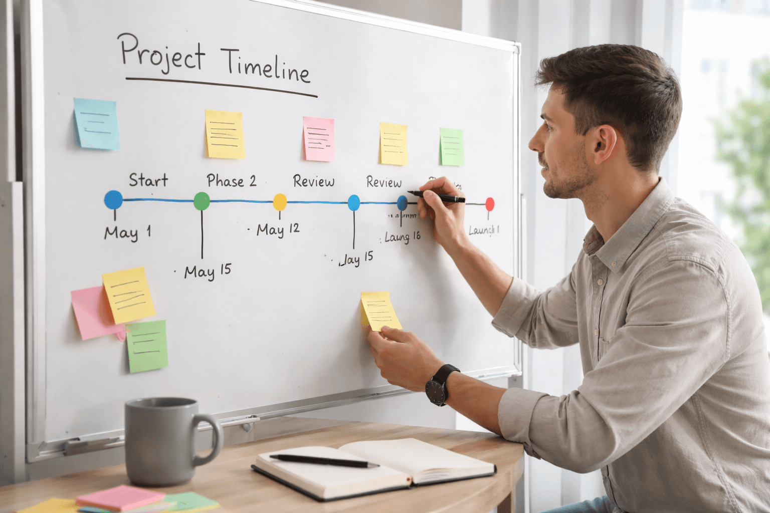 Freelancer marking a timeline on a whiteboard in the afternoon light