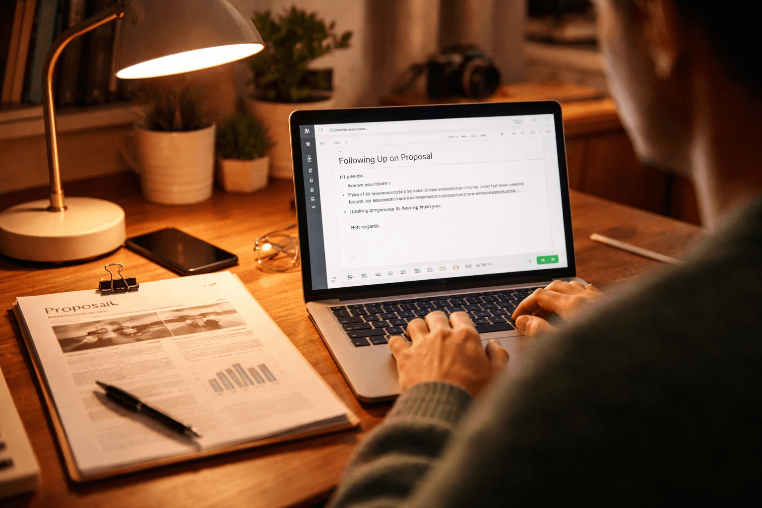Editorial desk close-up with a laptop and printed proposal notes, evening light)
