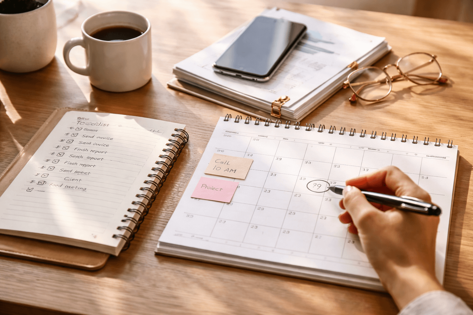 Close-up of a freelancer’s notebook with a lead generation checklist and calendar blocks