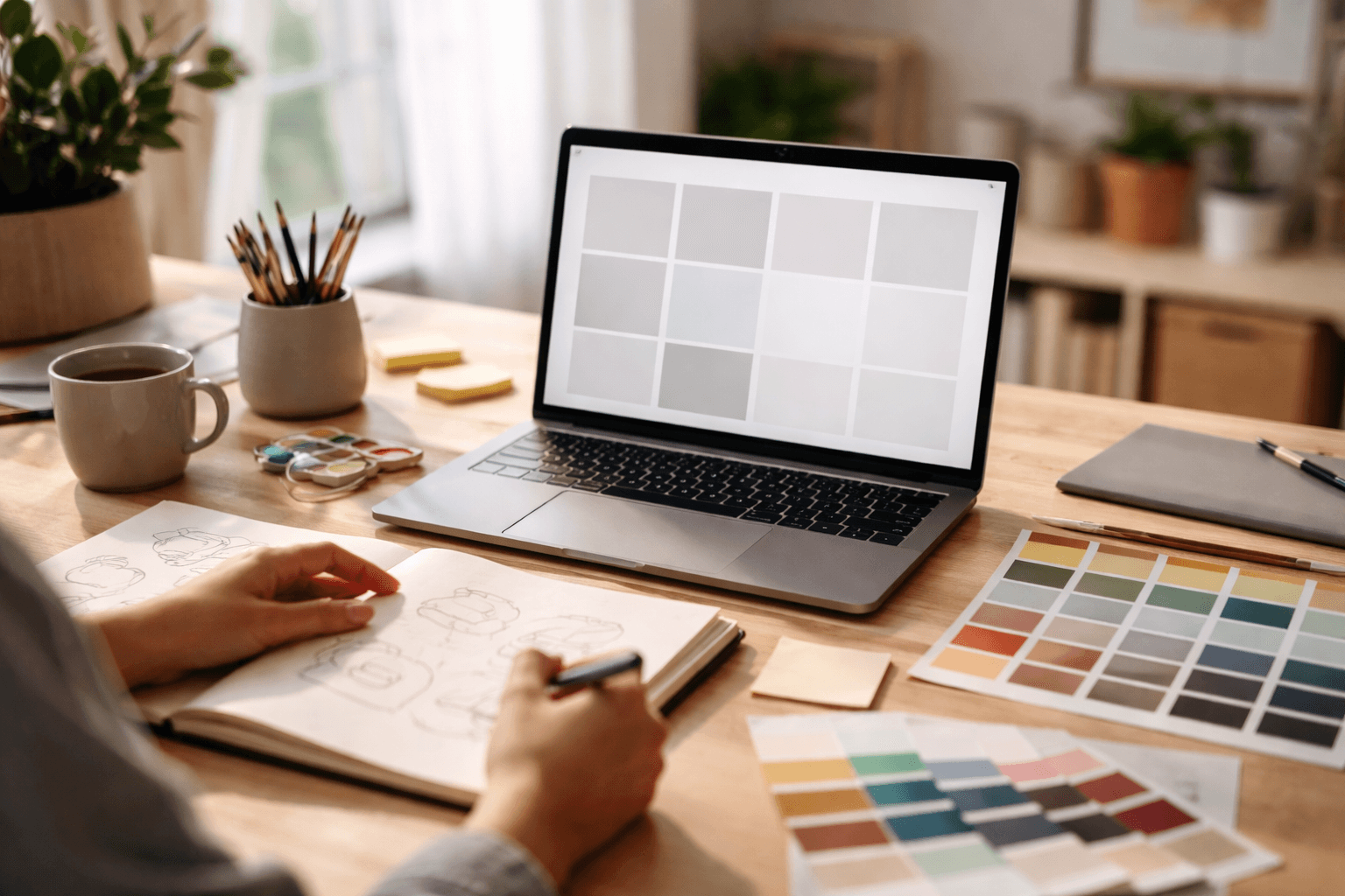 Designer reviewing brand guidelines on a laptop at a home desk in the morning