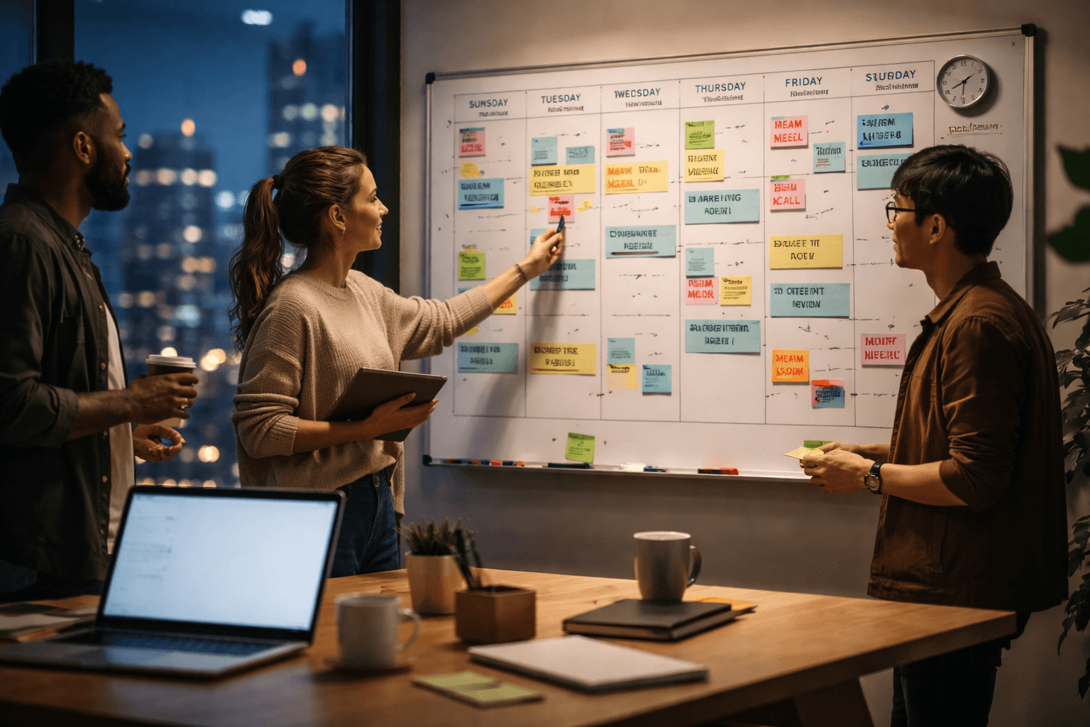 Desk scene with a whiteboard and time-blocking notes for a project week