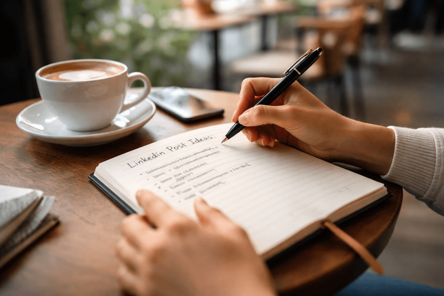 Editorial-style scene of a freelancer drafting LinkedIn posts on a cafe table, morning light, notes visible