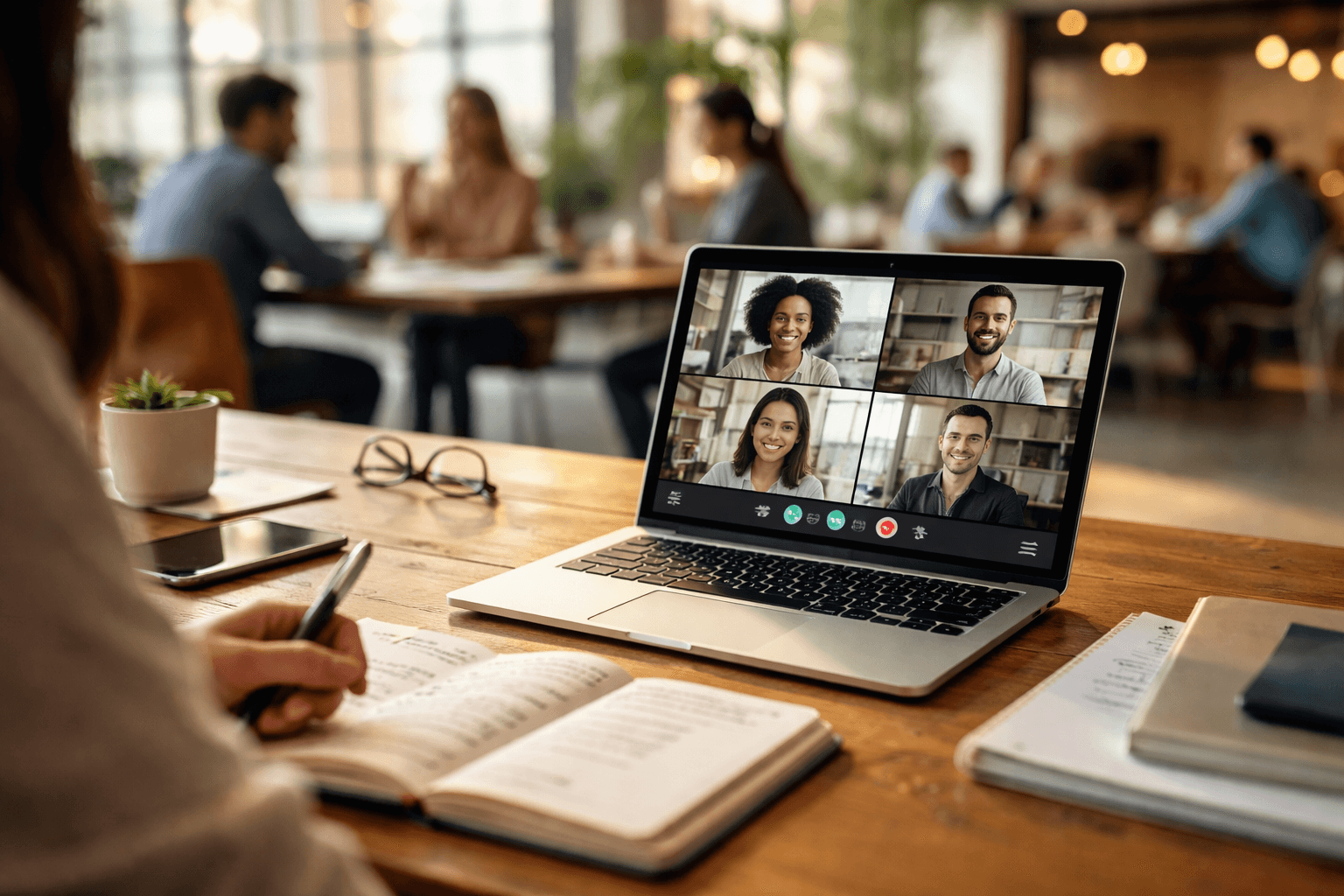 Editorial co-working scene during a client call with a laptop and notes, with a calm professional vibe