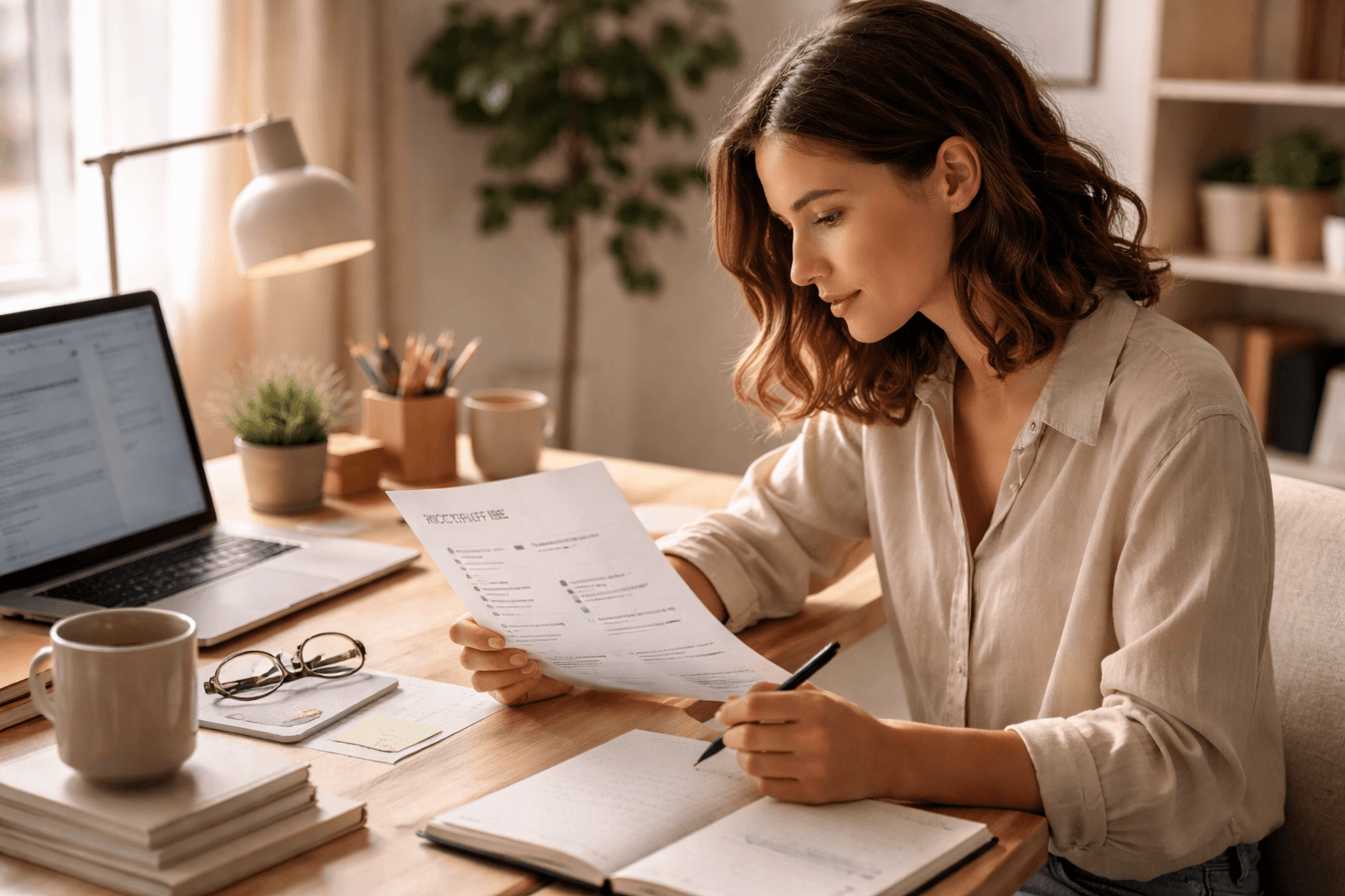Freelancer reviewing a kickoff agenda on a desk at home