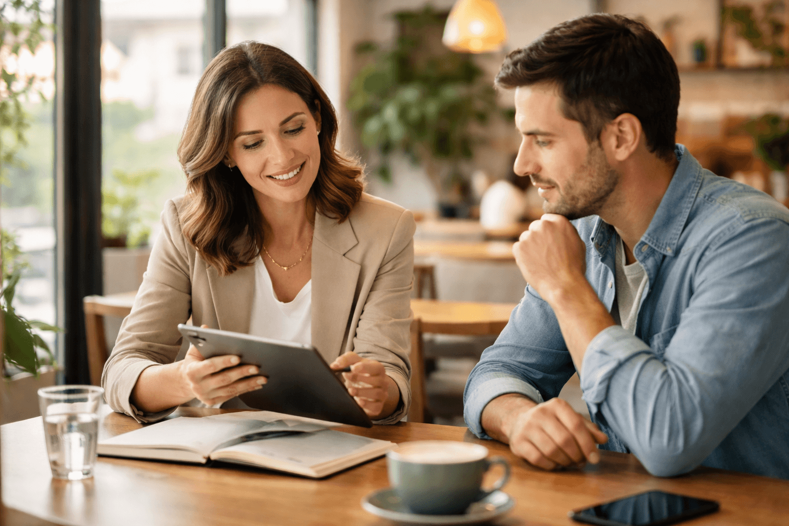 A cafe scene with a freelancer discussing project scope on a tablet during a client meeting, natural light and candid professionalism