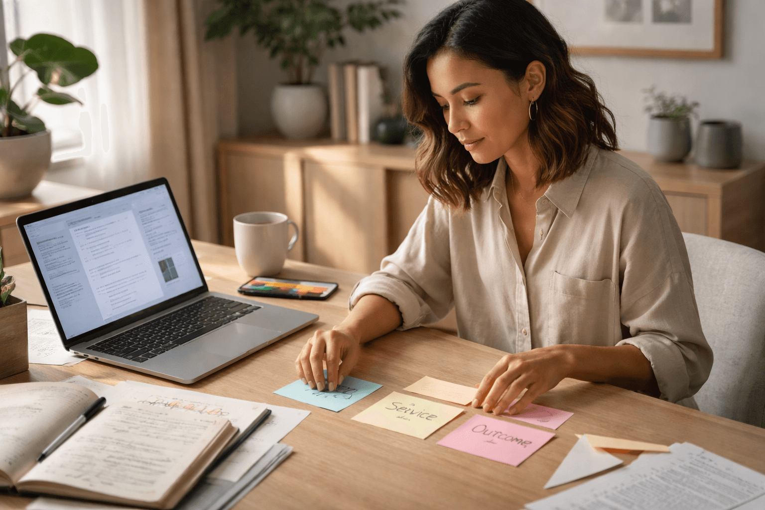 A freelancer at a home desk reviewing notes on a laptop, with sticky labels for industry/service/outcome