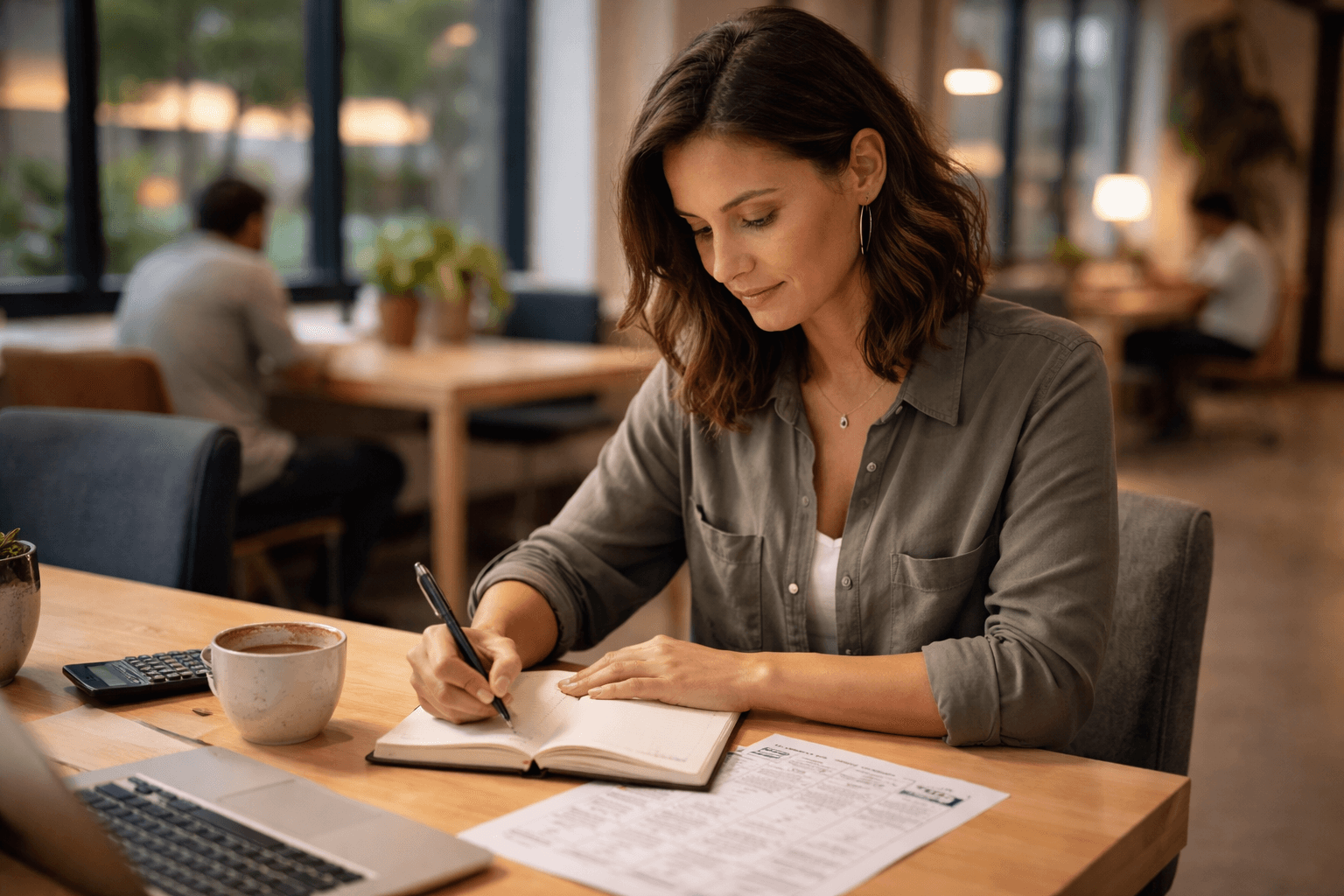 Freelancer at a co-working table writing a mileage log and planning categories on paper, evening light, modern editorial style