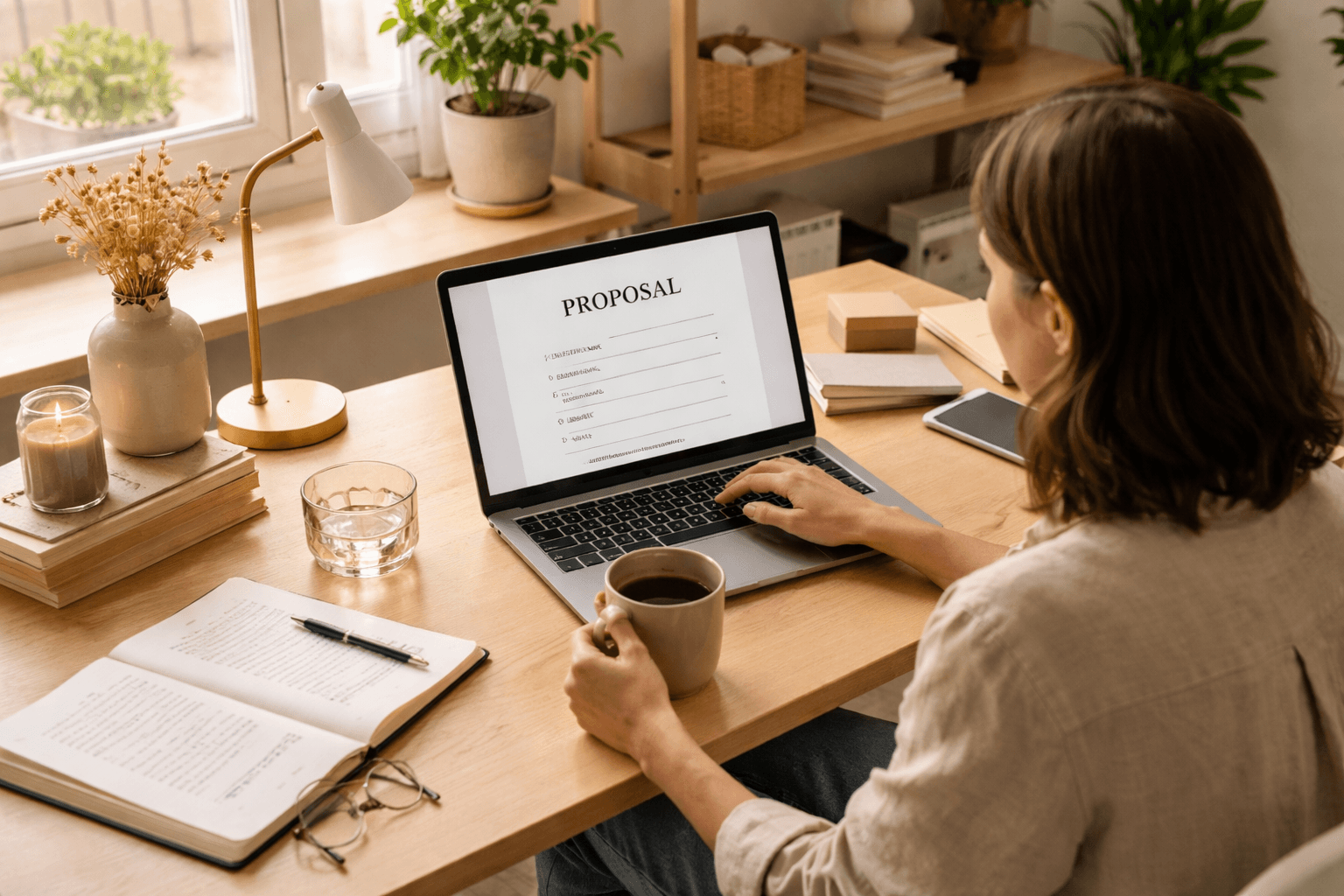 Freelancer planning a website redesign proposal on a laptop at a home studio, warm morning light