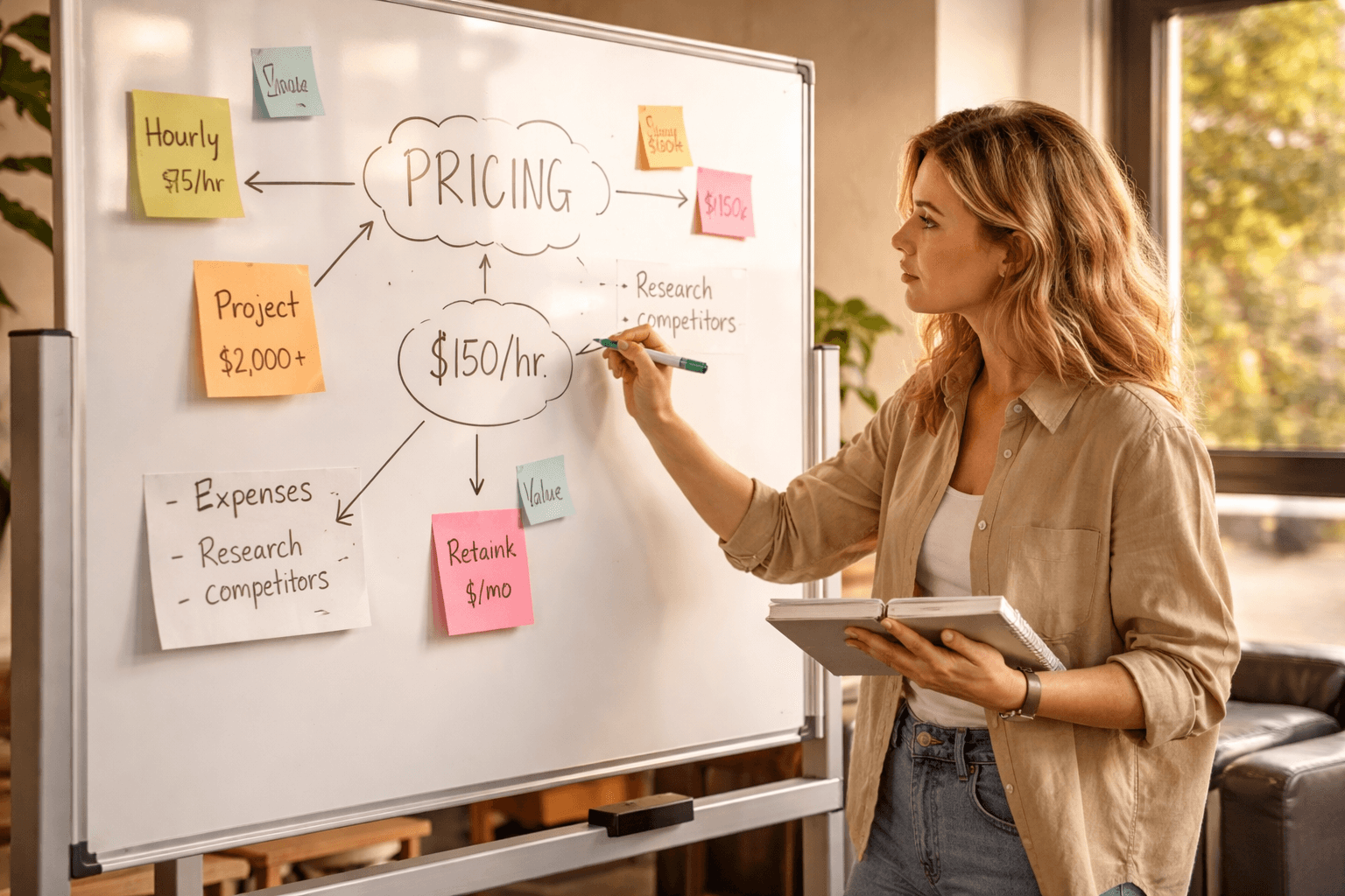 Freelancer pricing a logo package with a checklist on a whiteboard and sticky notes in a co-working space