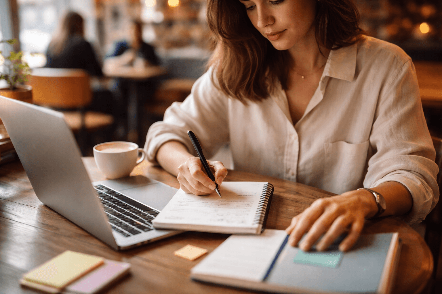 Freelancer working in a cafe with a laptop and printed contract checklist