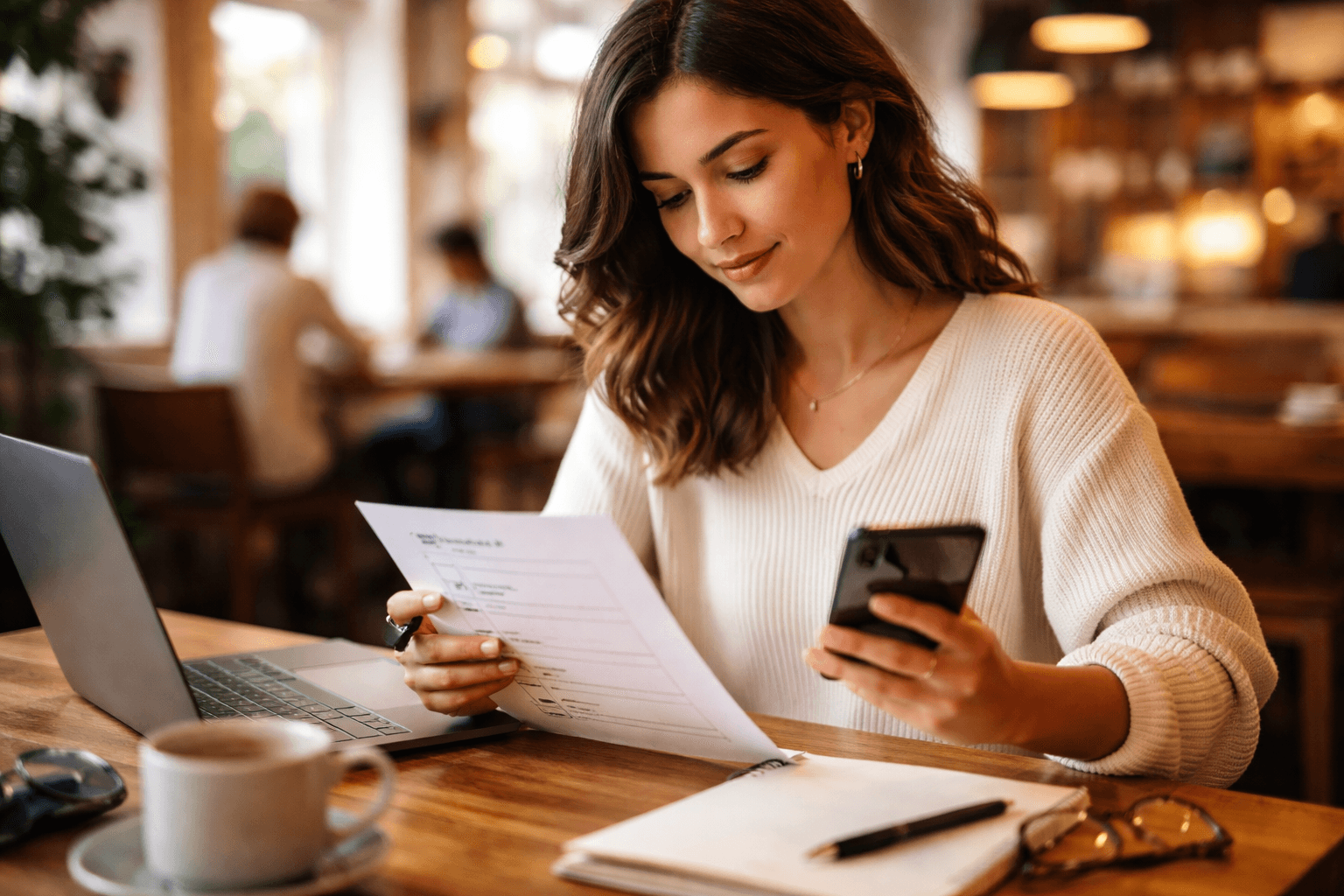 Freelancer reviewing project notes on a cafe table with a printed checklist and a phone, afternoon light