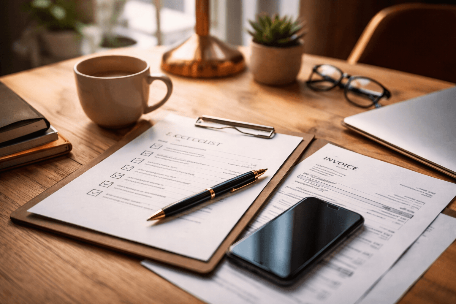 Freelancer reviewing a checklist and invoices at a desk close-up