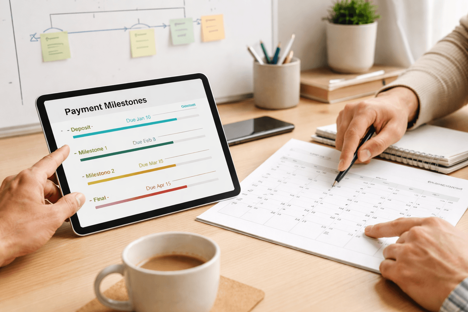 Hands holding a pen over a tablet showing a calendar and invoice schedule next to a simple whiteboard plan for the week