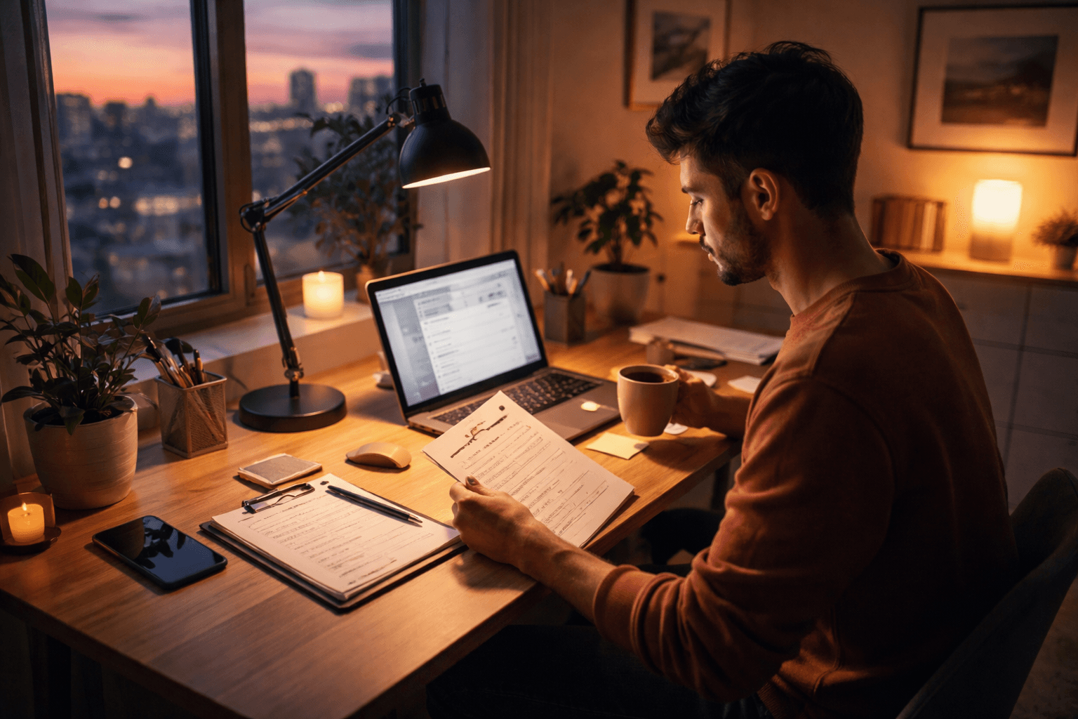 Freelancer planning a 30-day checklist at a home desk with laptop and notes