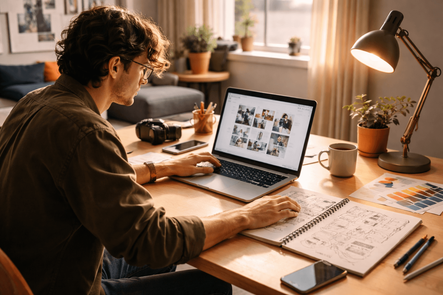 A freelance designer working at a home desk with sketches and a laptop open to a portfolio layout in the afternoon https://mnyooiivpmhhltlepaan.supabase.co/storage/v1/object/public/client-portal-content/seo-blog/f533e45f-97ff-4e1c-9ec7-ad4553394e18/4570b199-7e3e-4683-b1e7-9877adf59bdf.png