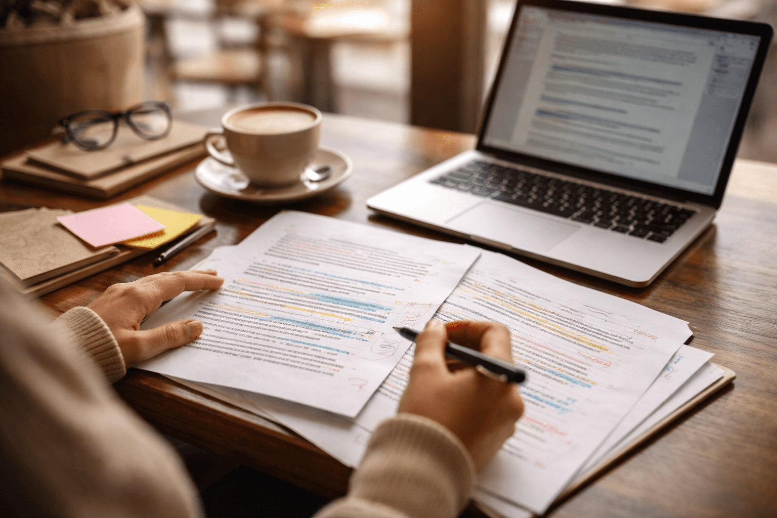 a freelancer reviewing side hustle deliverables on a cafe table with printed notes