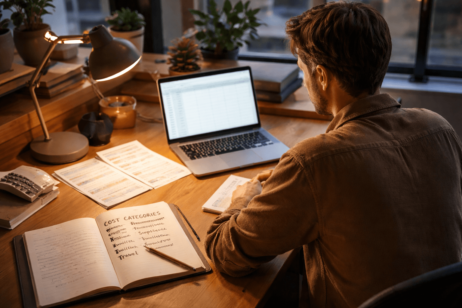 Freelancer planning rates at a tidy home desk during evening light