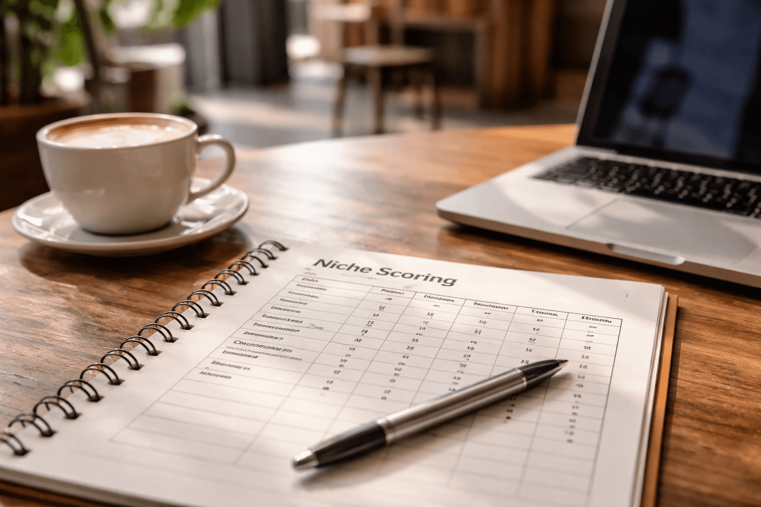 Notebook and laptop with a simple niche scoring sheet and highlighted sample outlines on a coffee shop table