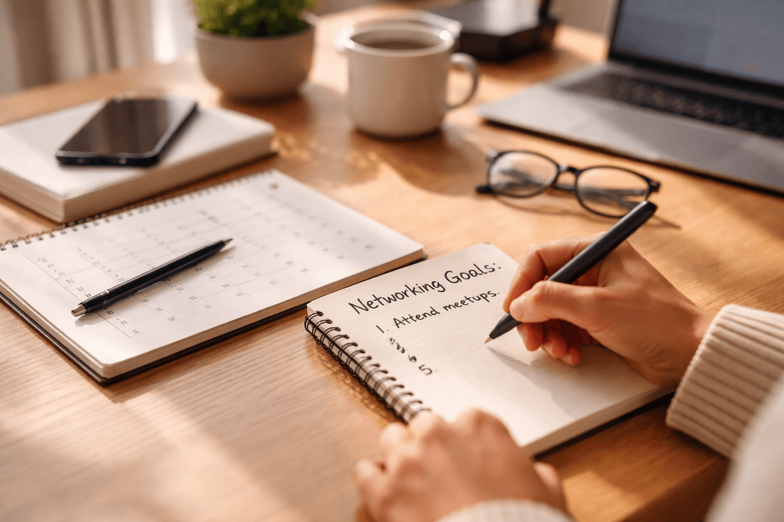 Freelancer planning networking goals at a desk with sticky notes and a calendar