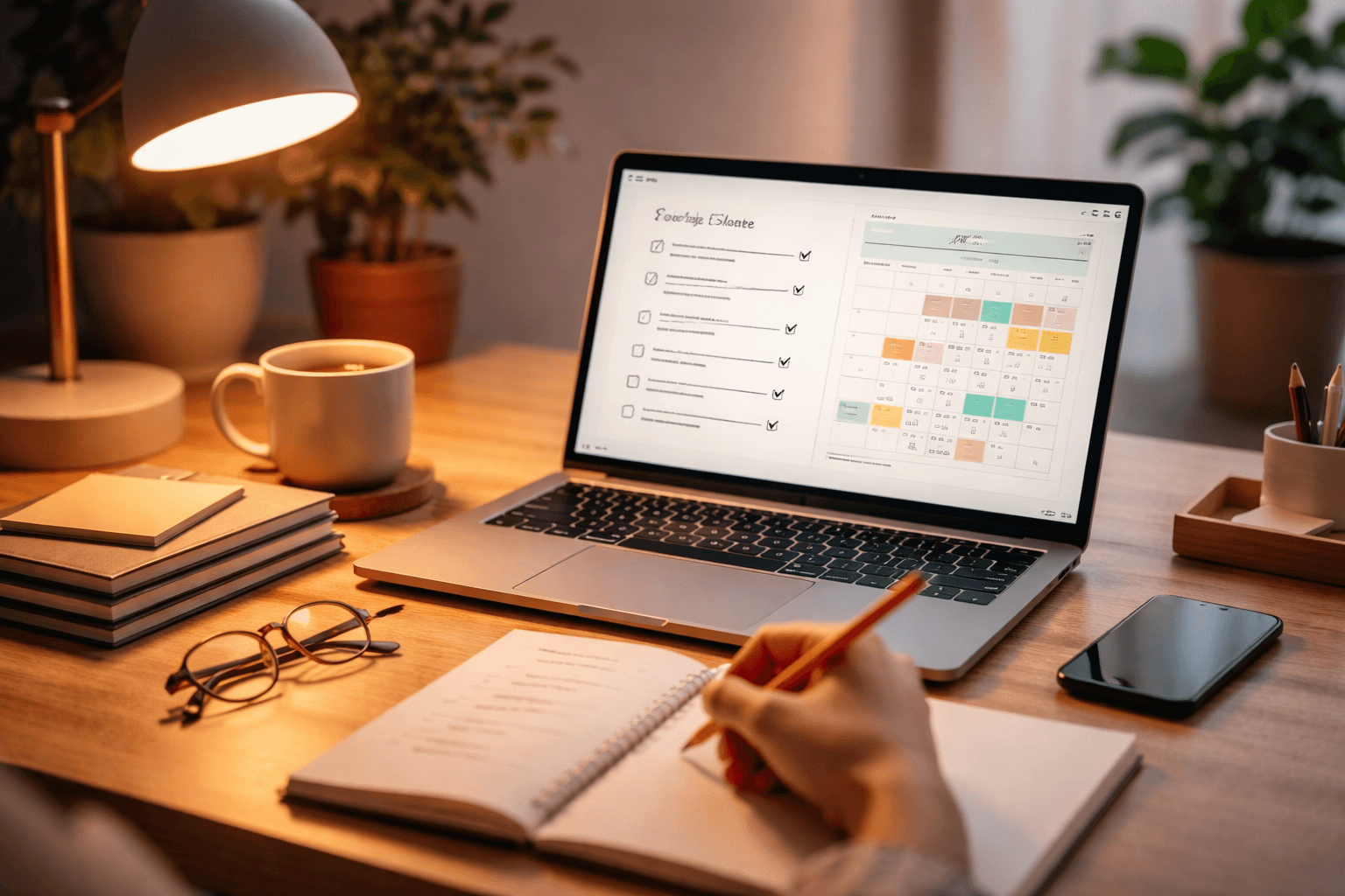 Close-up of a laptop with a checklist and calendar planning around a writing schedule
