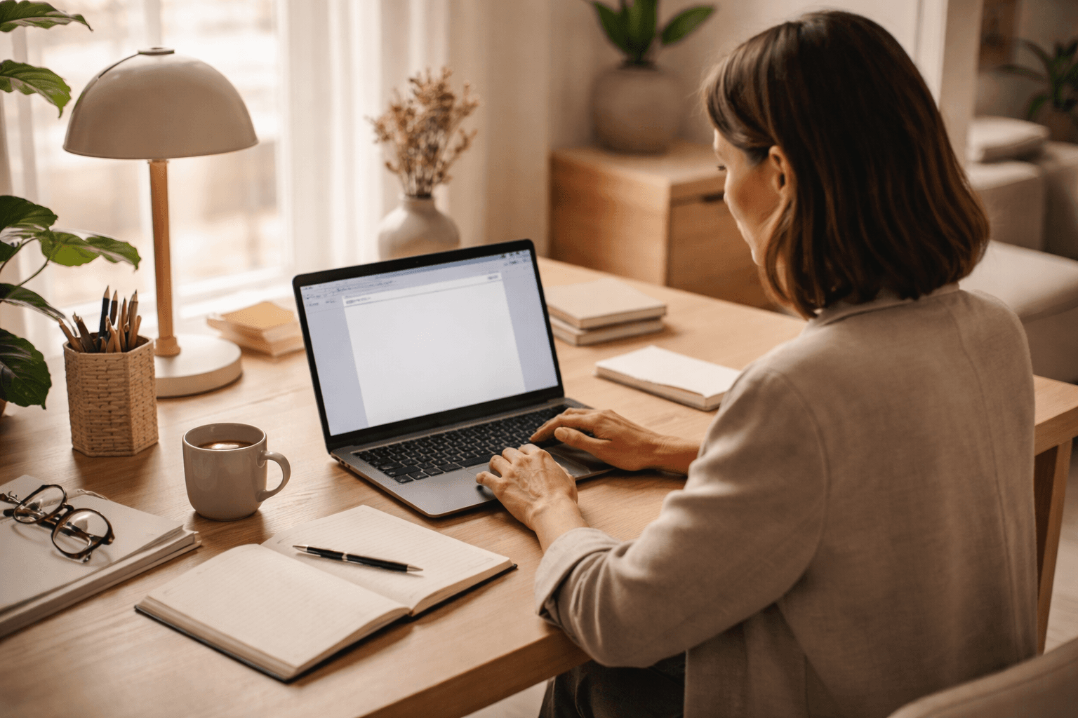 Consultant reviewing proposal on a laptop at a home office desk, warm morning light