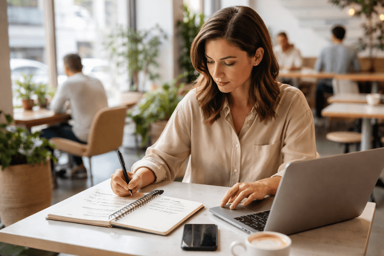 Freelancer in a cafe taking notes while mapping maintenance tiers and included tasks