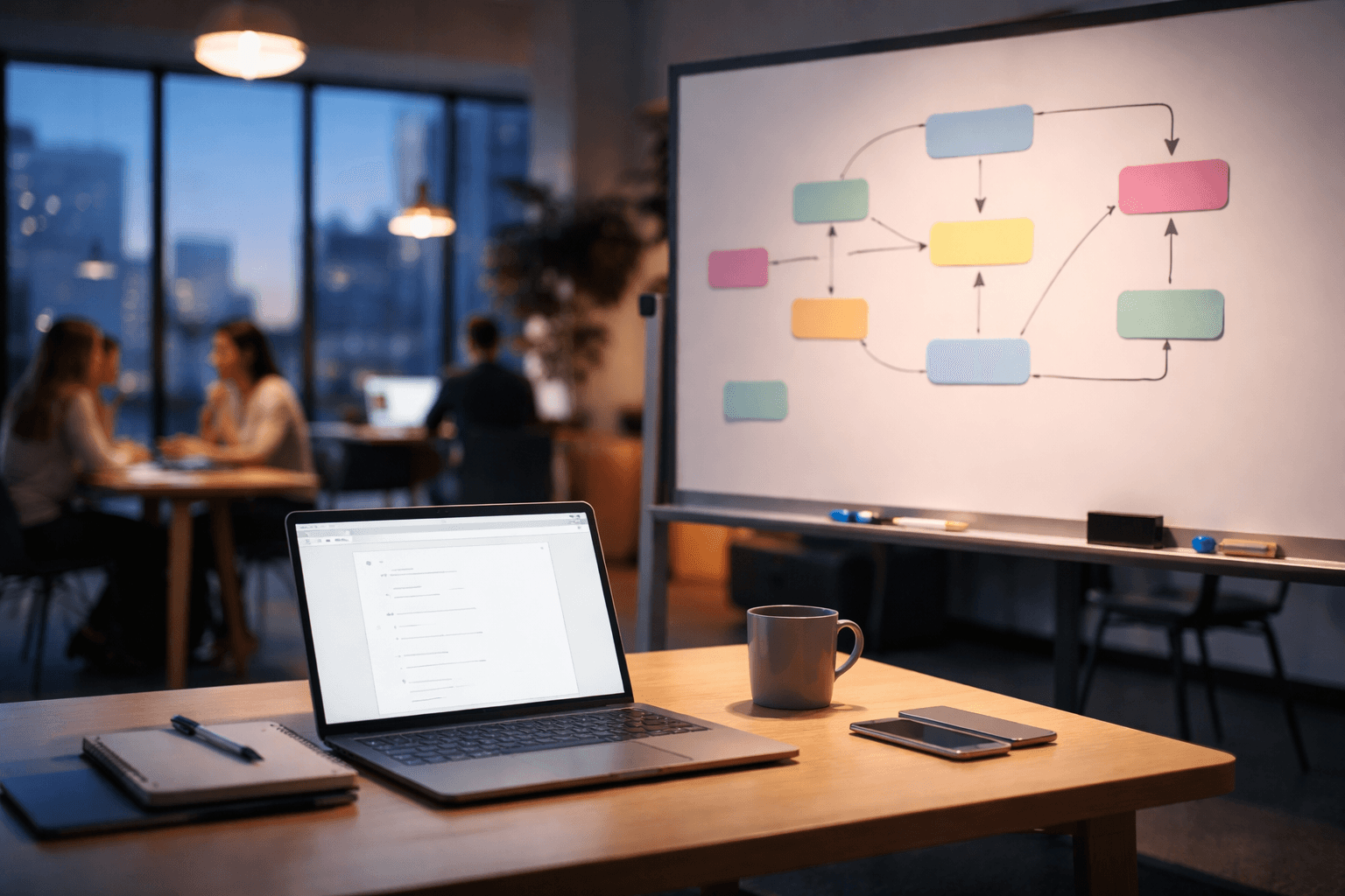 Whiteboard and laptop on a tidy co-working table showing a consulting roadmap, with natural shadows and modern minimalist feel, evening light
