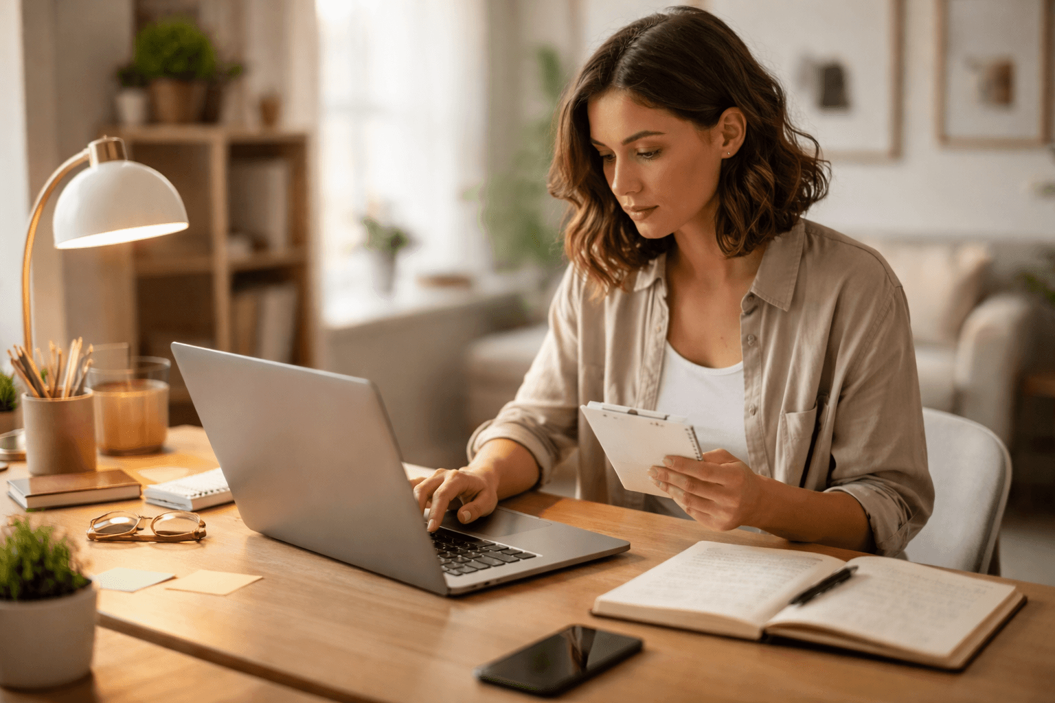 Freelancer reviewing a one-page offer brief on a desk at home