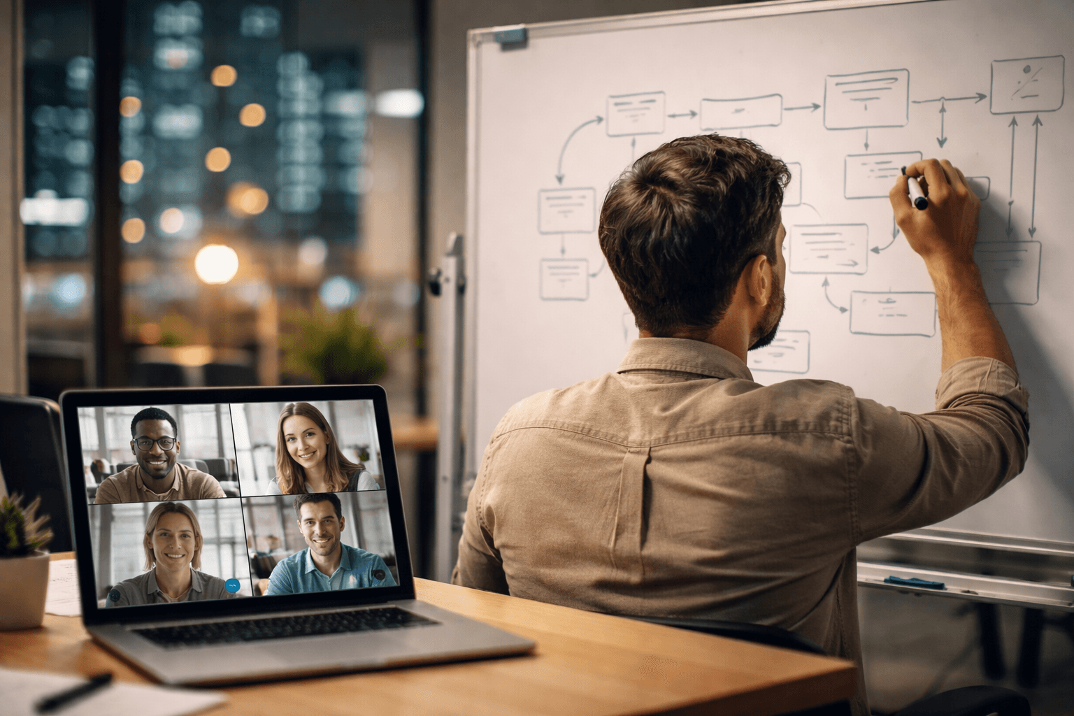 A co-working space scene with a developer on a client video call, jotting notes on a whiteboard beside a laptop