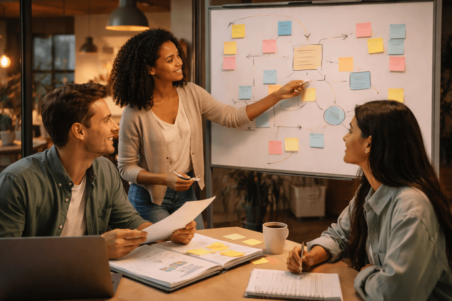 Co-working space desk with a whiteboard planning session and contract folder