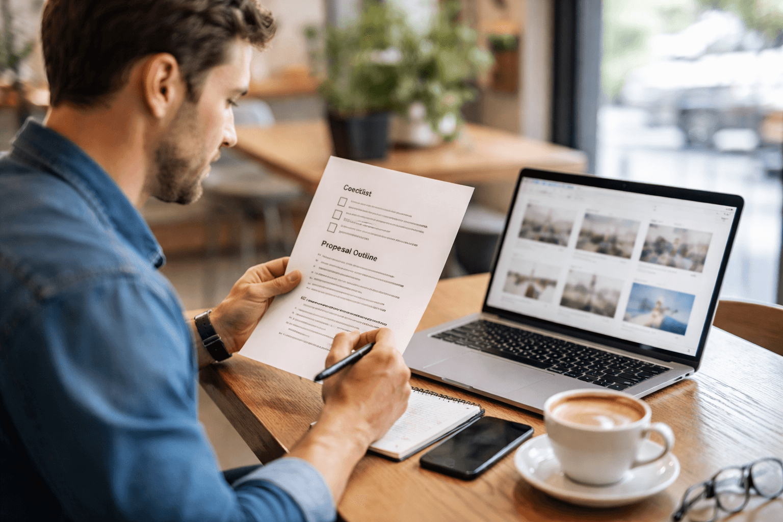 Working on a proposal checklist during a coffee break, with a laptop and printed client questions