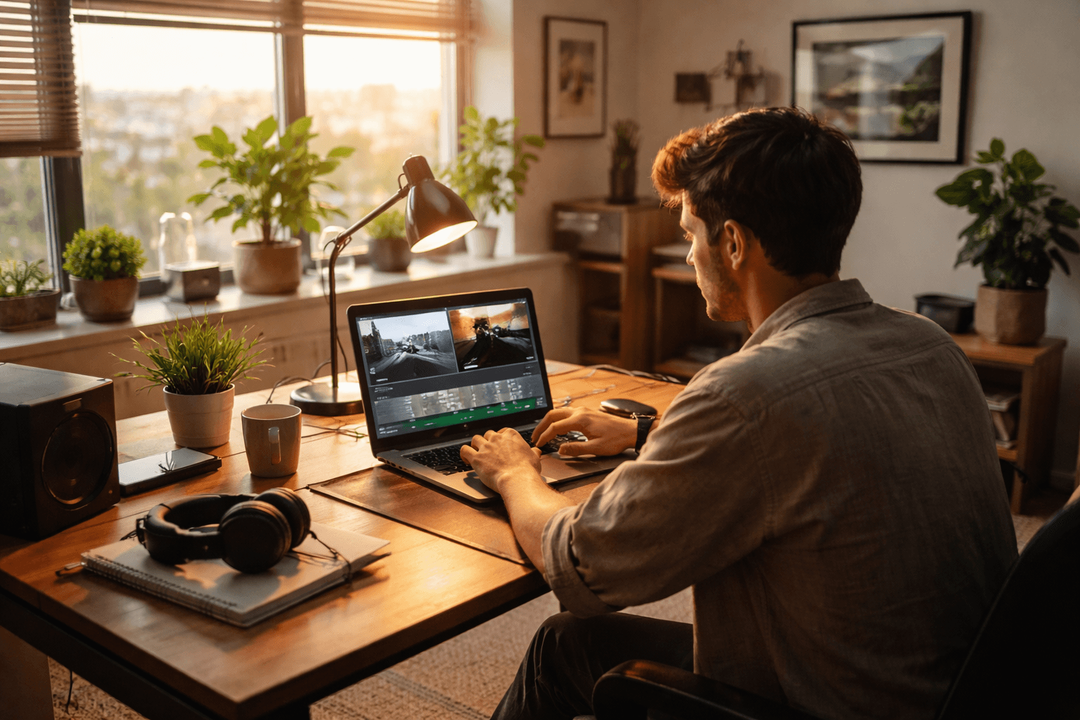 Video editor reviewing timeline on a laptop at a home studio desk
