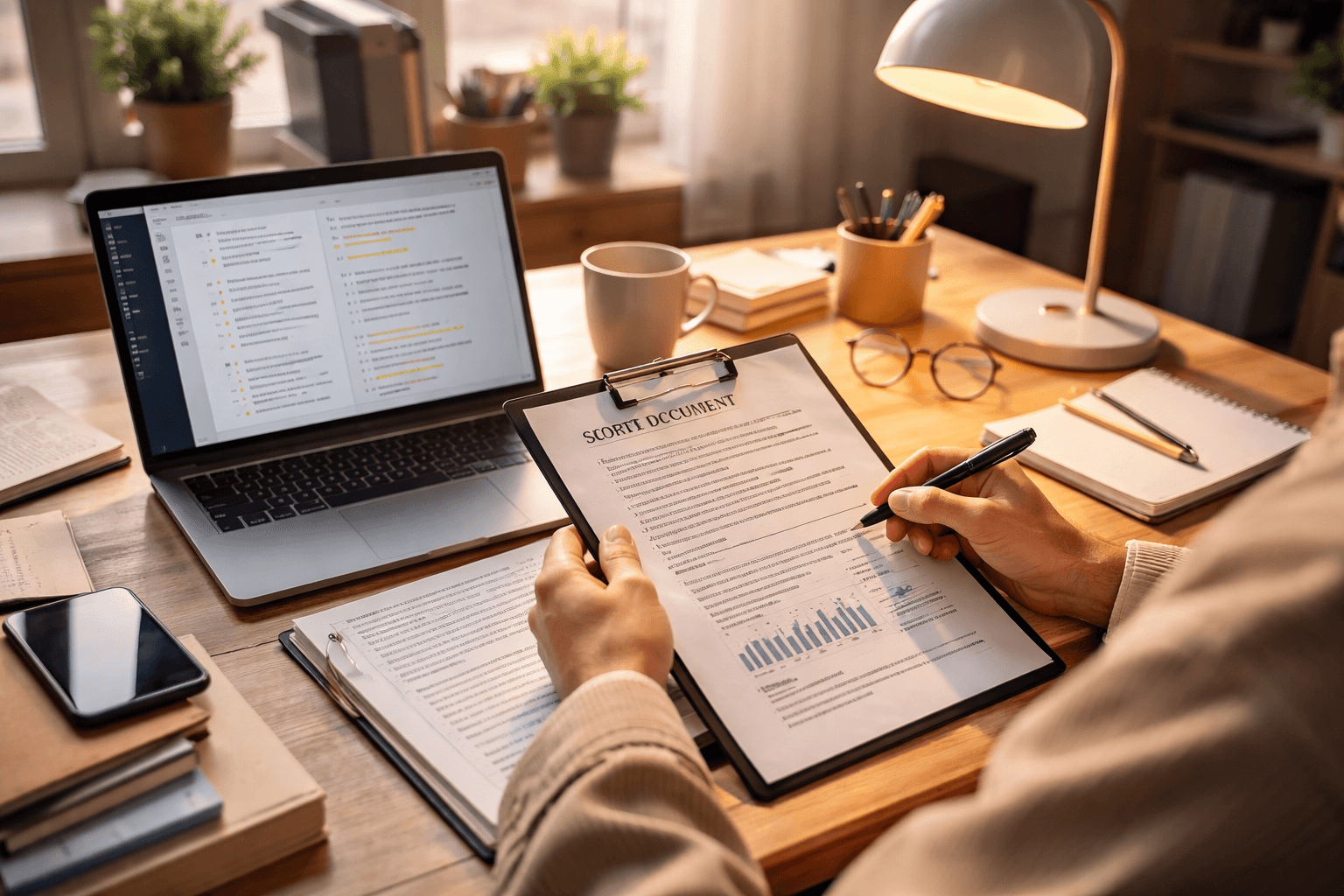 Freelancer reviewing a printed scope document at a home studio desk