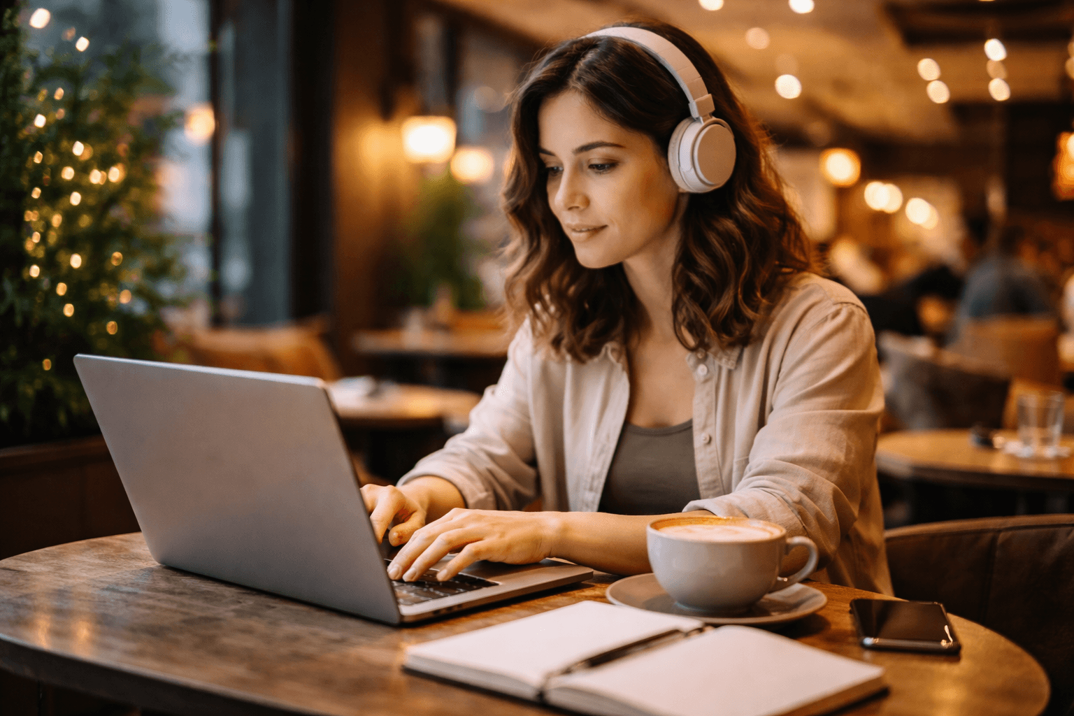 Freelancer working at a cafe with a notebook and headphones