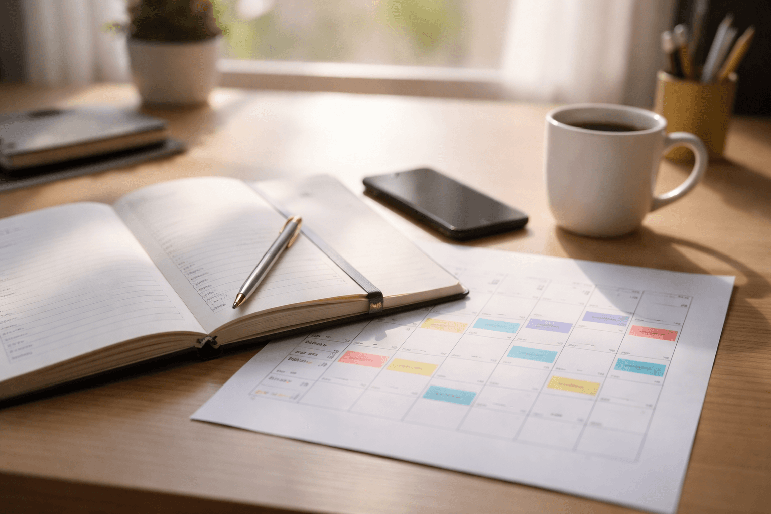 Close-up of a social media calendar on a desk during morning light