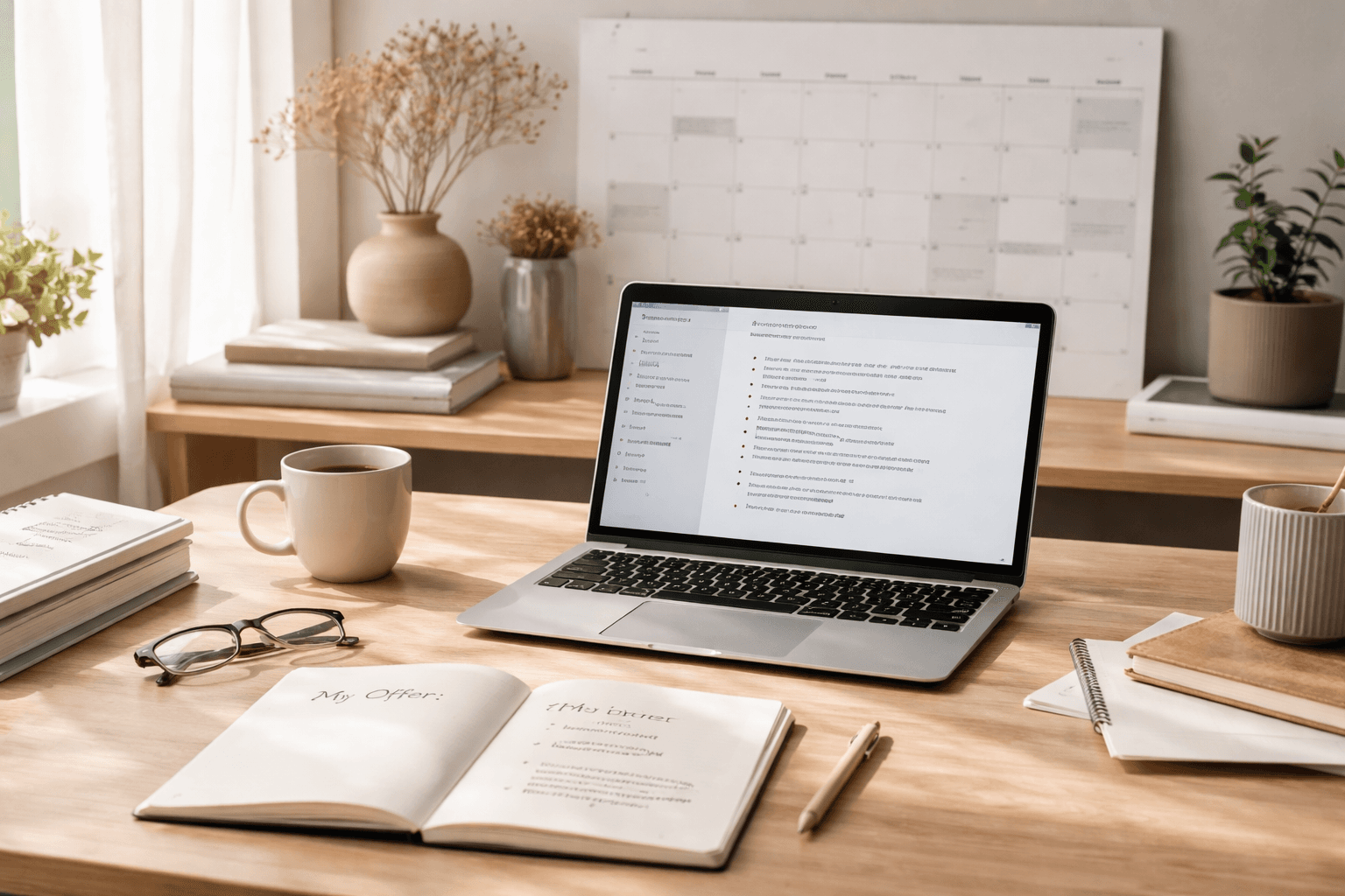 Freelancer planning their first client workflow on a tidy desk at home in the morning