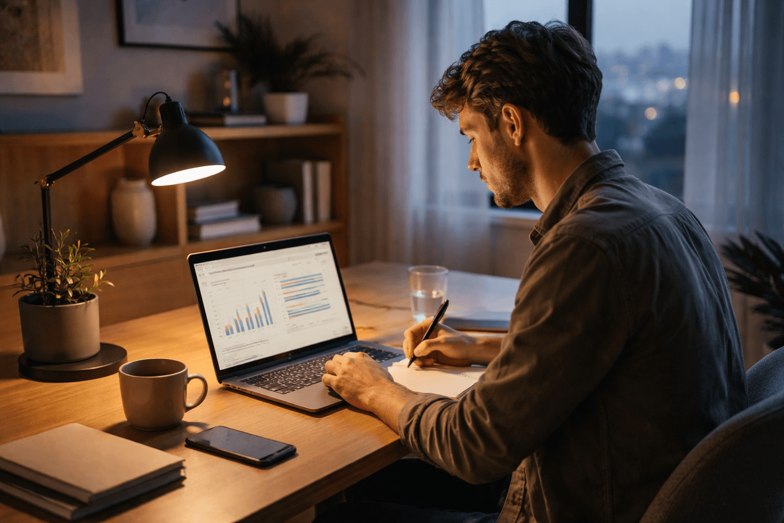 Freelancer reviewing a pipeline dashboard at a desk during golden hour